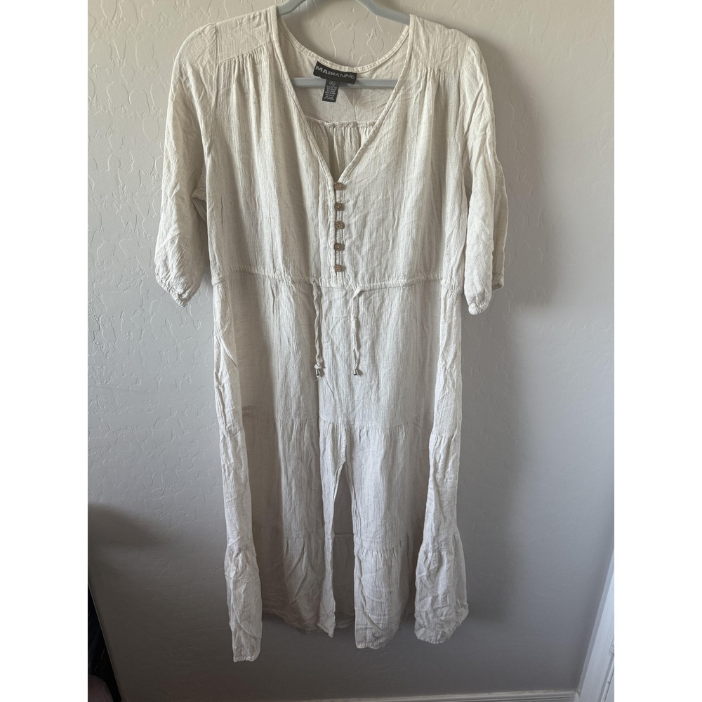 Marianne Dress Womens Extra Large‎ Beige Boho Crinkled Drawstring Vneck Chic